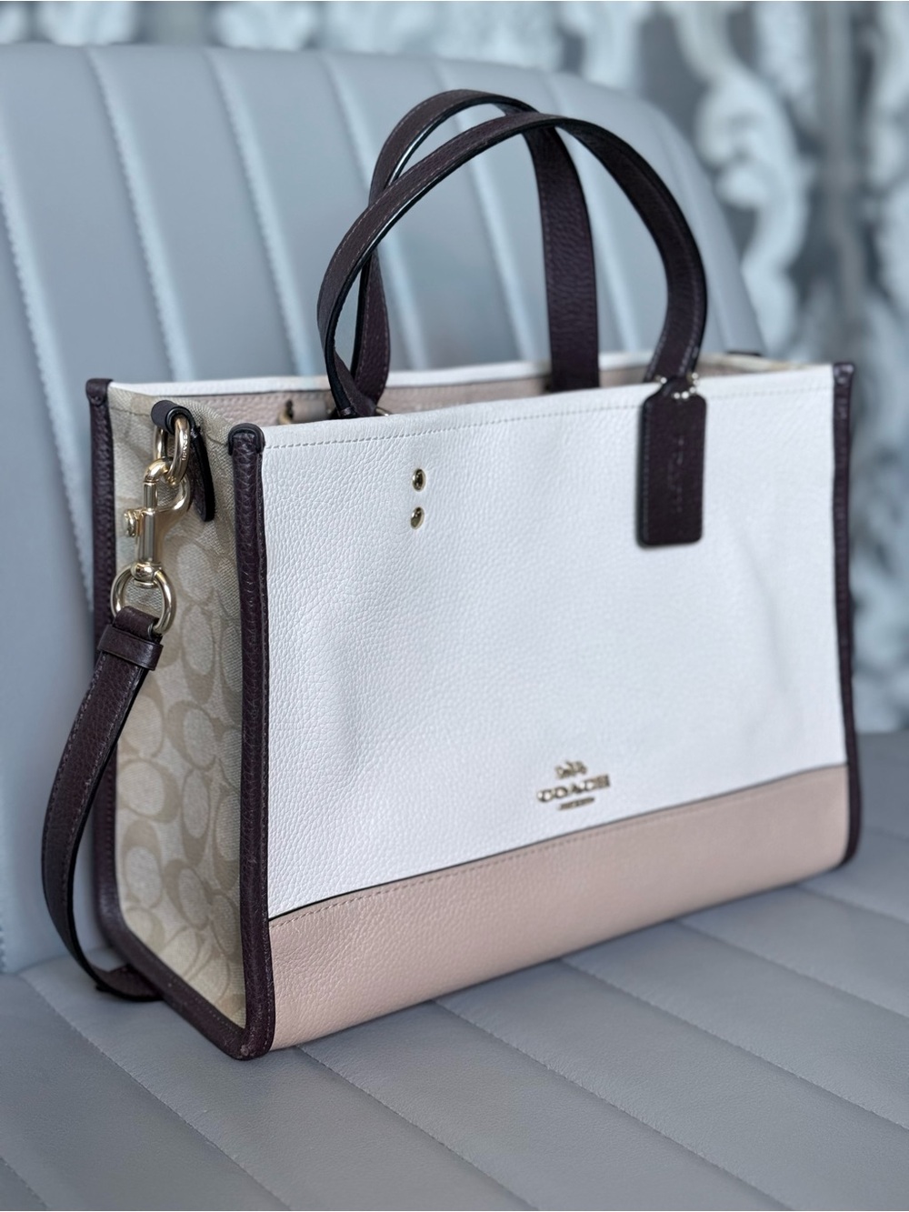 Coach Two-Tone Pebbled Leather Satchel in White and Dark Brown